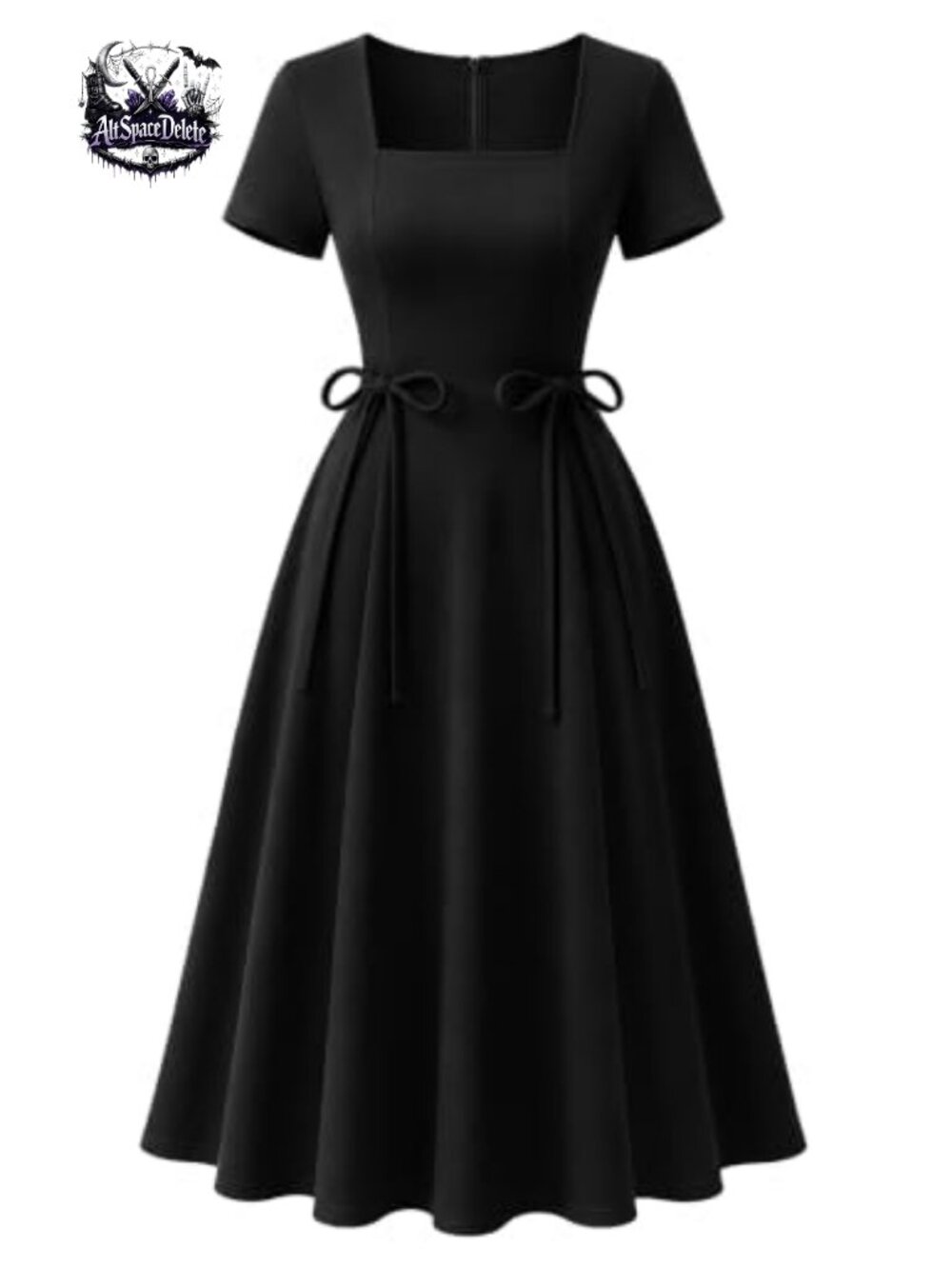 Vintage A-Line Midi Dress Square Neck Short Sleeve Pockets Cocktail Wedding